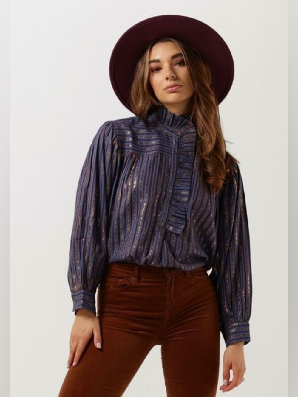 Antik Batik Eddy Blue Striped Blouse with Metallic Gold Threading Sz-L/42